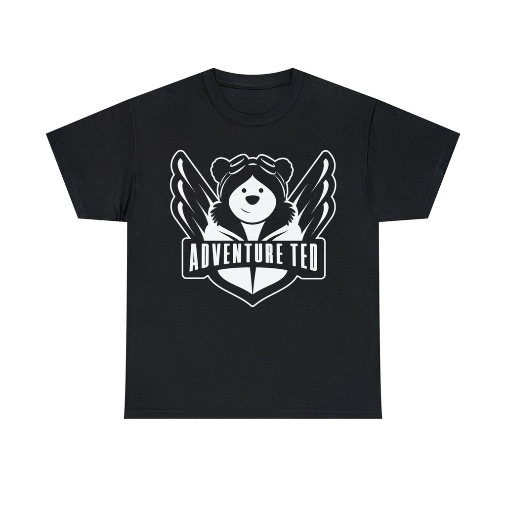 Black unisex t-shirt featuring adventure ted logo