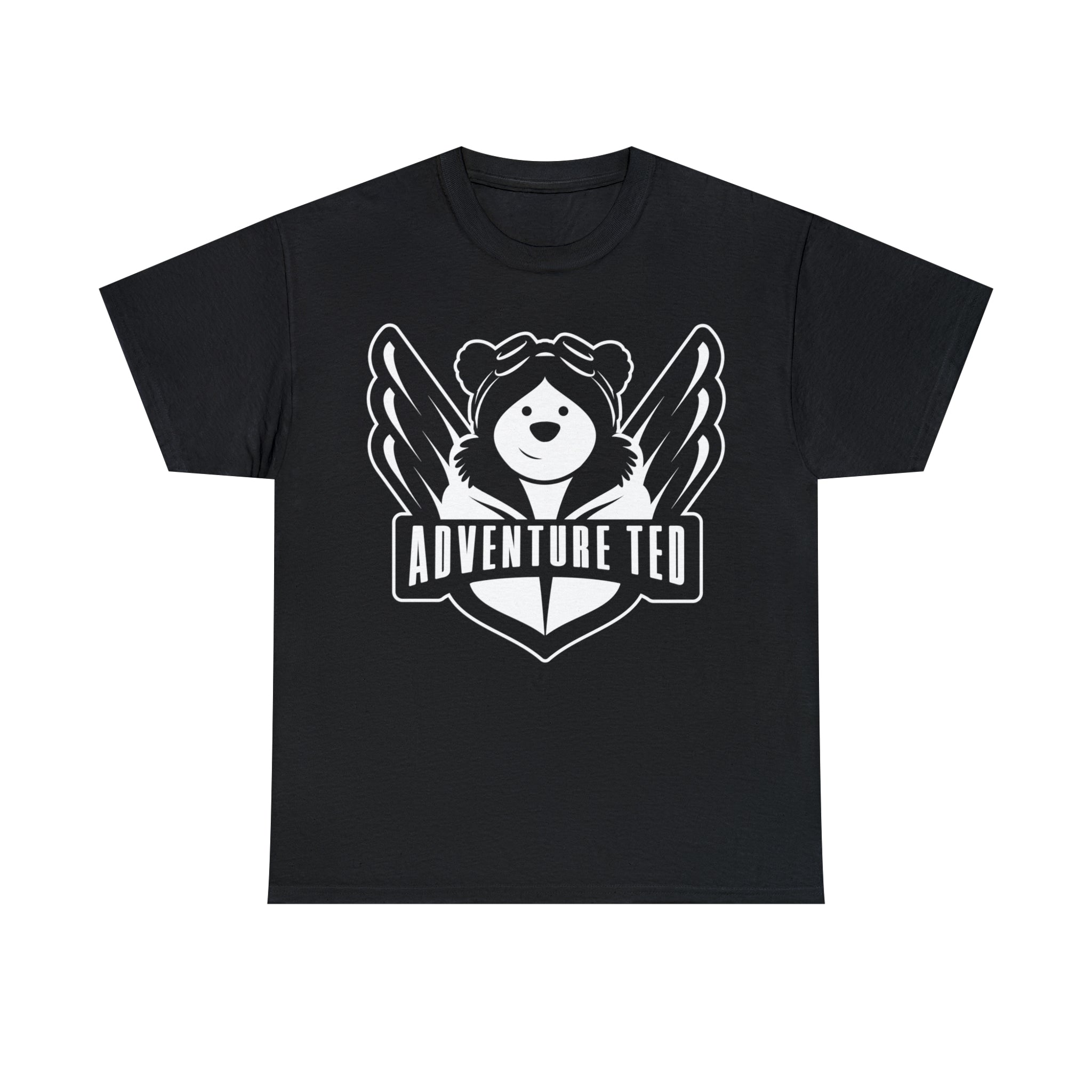 Black unisex t-shirt featuring adventure ted logo