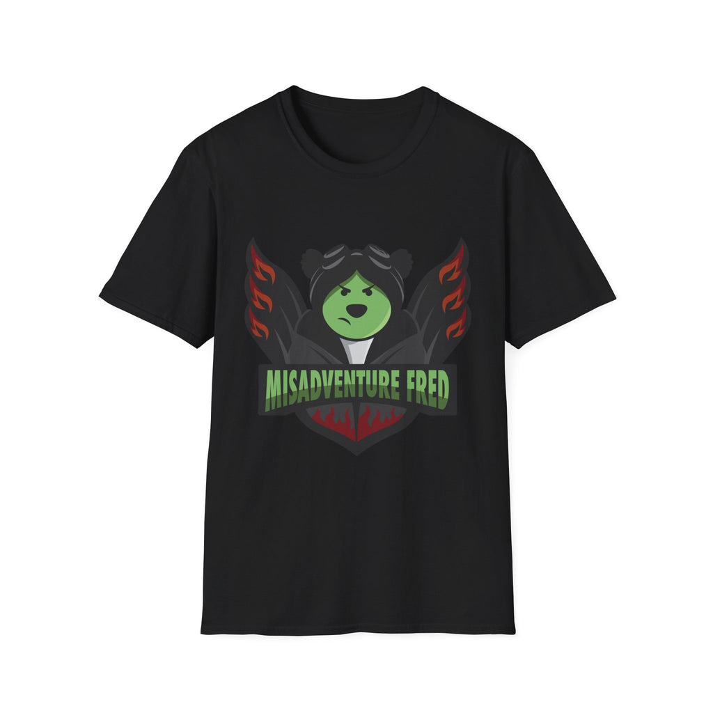 Black t-shirt with misadventure fred green bear logo
