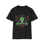 Black t-shirt with misadventure fred green bear logo