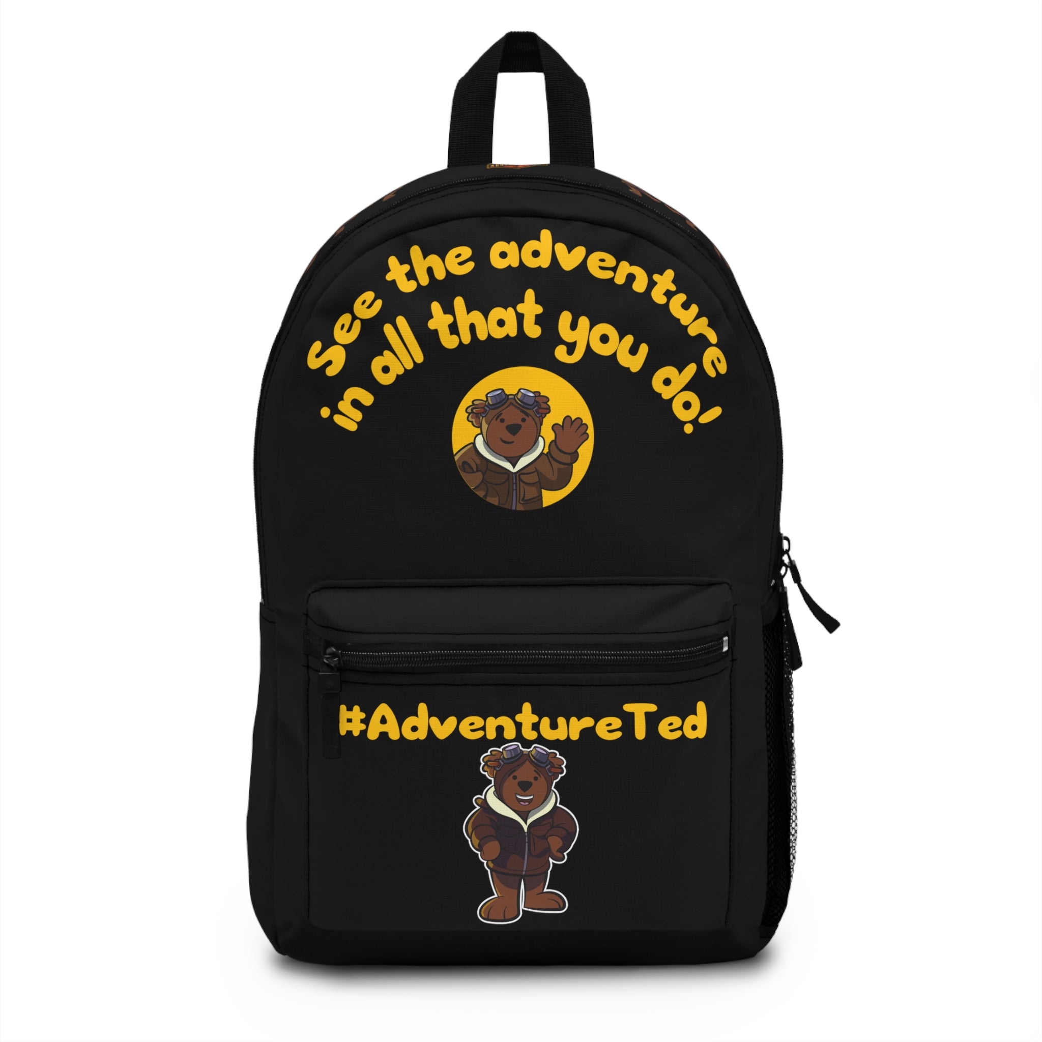 Black backpack with Adventure Ted, quote, hashtag, front pouch, and side water bottle pocket