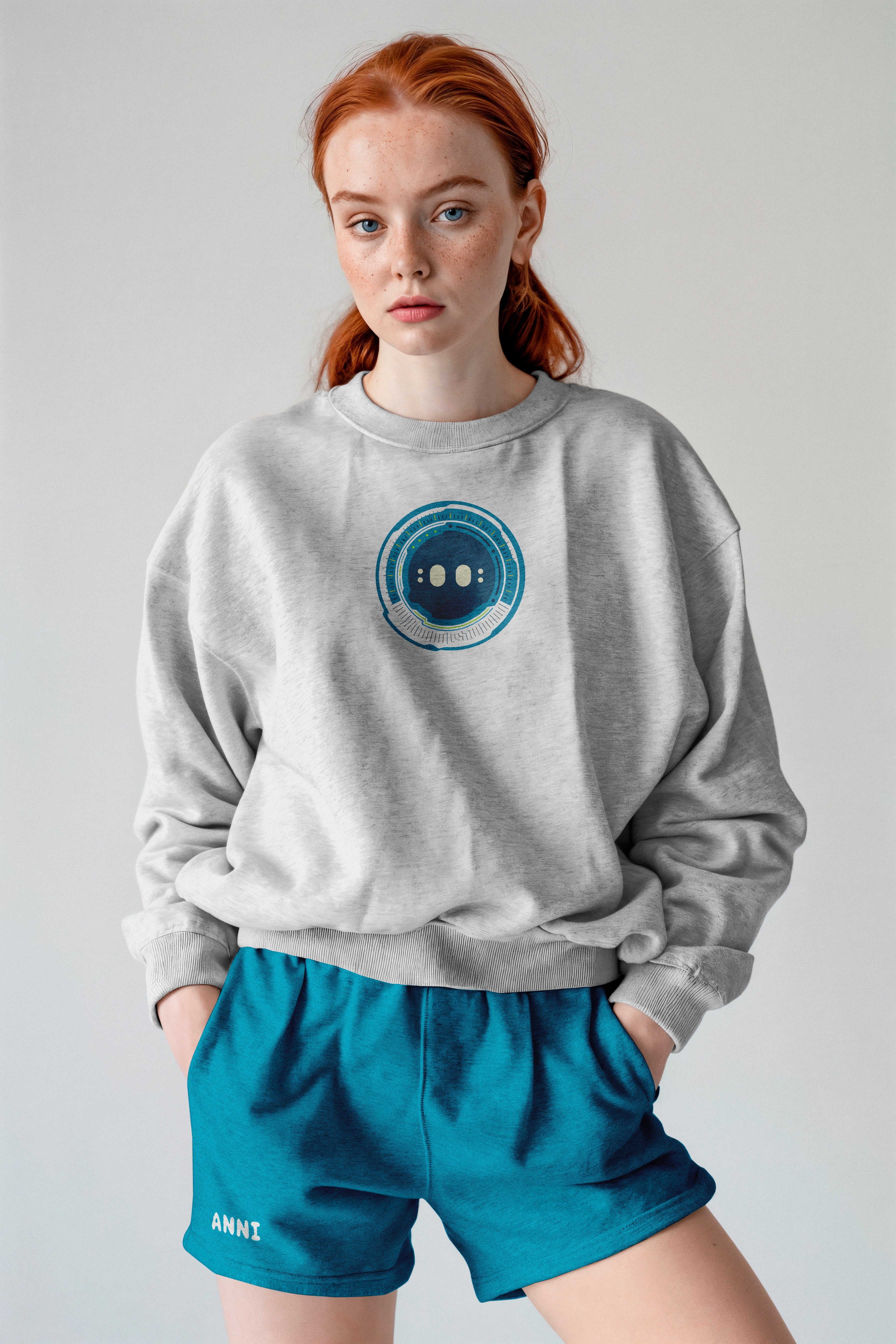 Grey sweater featuring ANNI blue character paired with blue shorts featuring ANNI logo on the bottom