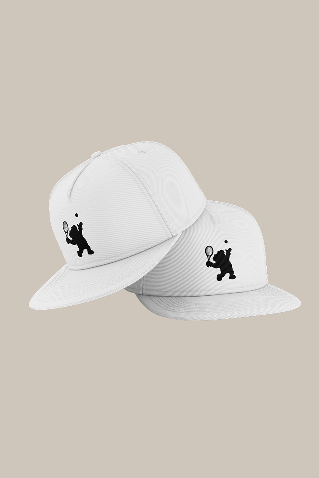 Two white caps with black bear and tennis racket designs on a beige background