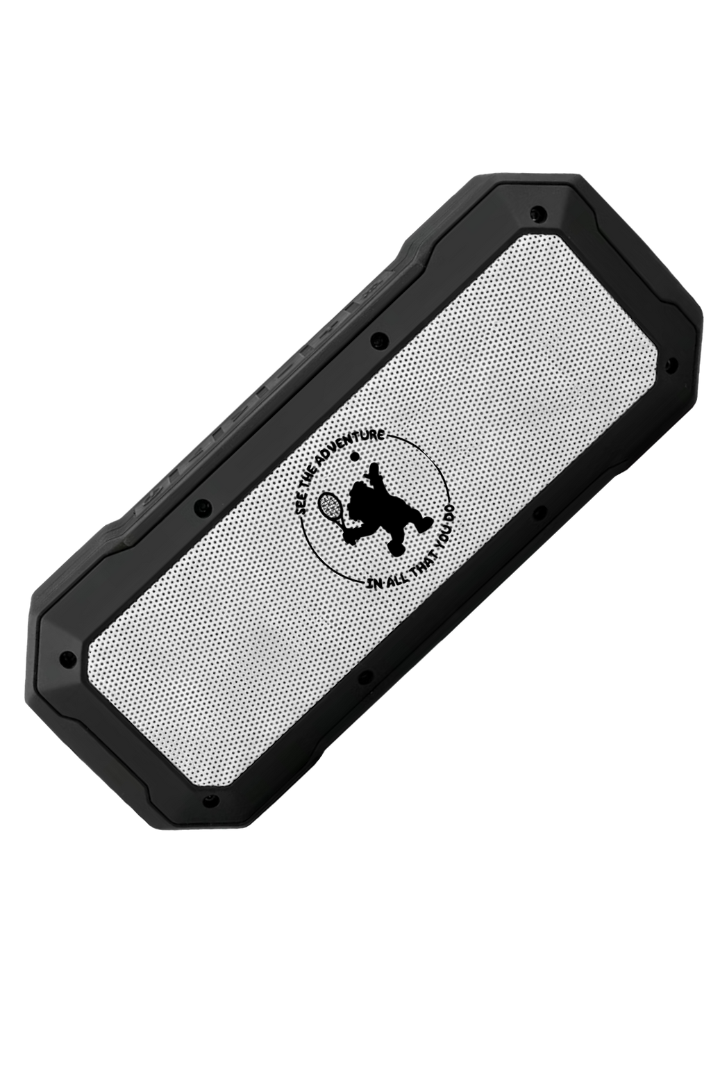 Black and silver rectangular device with a logo on a white background