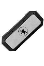 Black and silver rectangular device with a logo on a white background