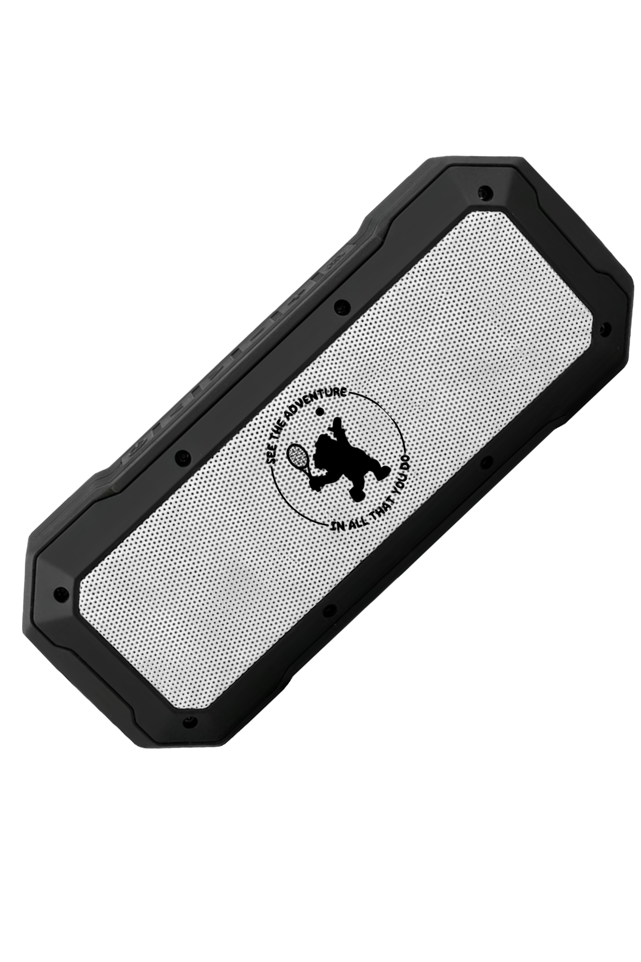 Black and silver rectangular device with a logo on a white background