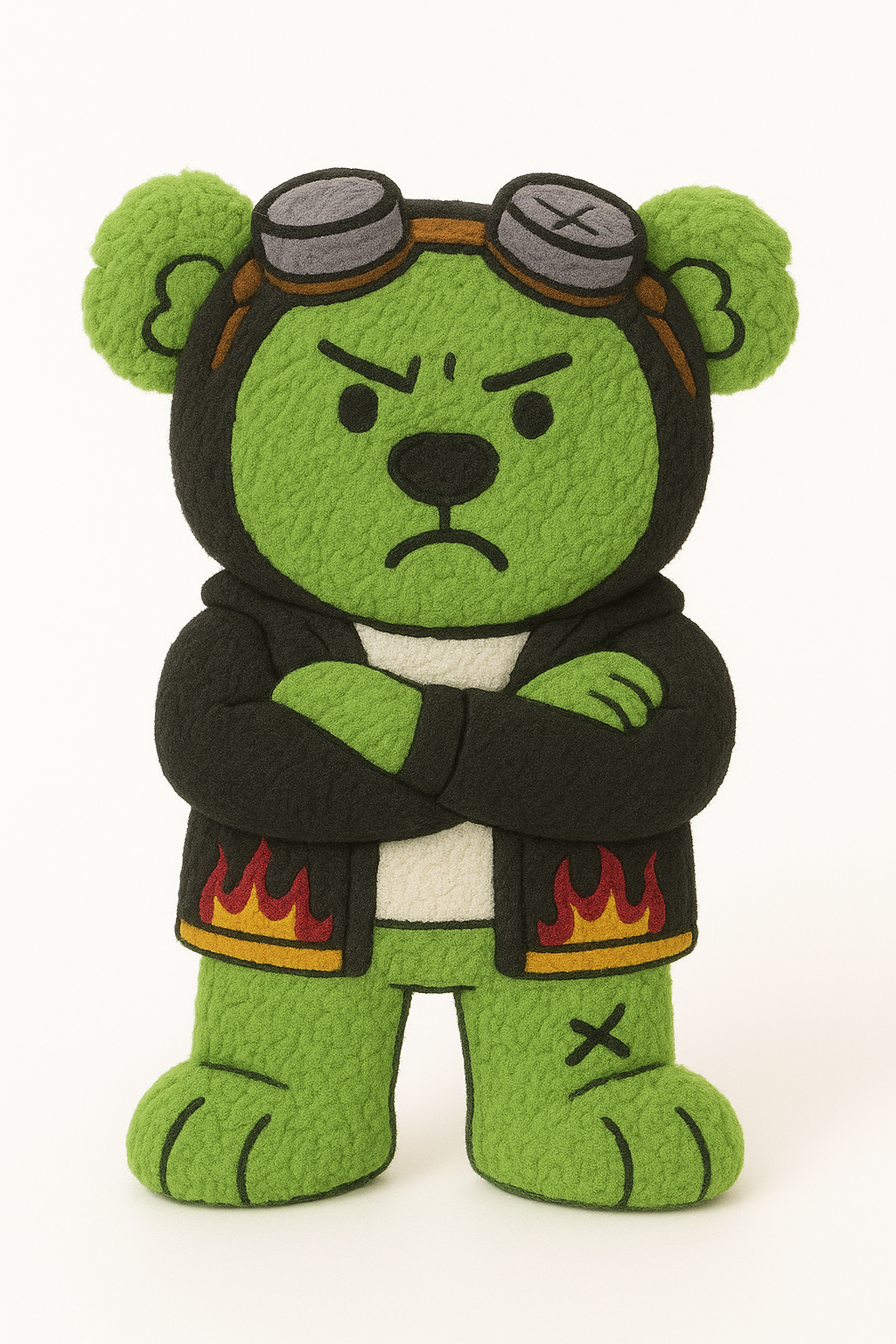 Green bear with a black jacket and white t-shirt