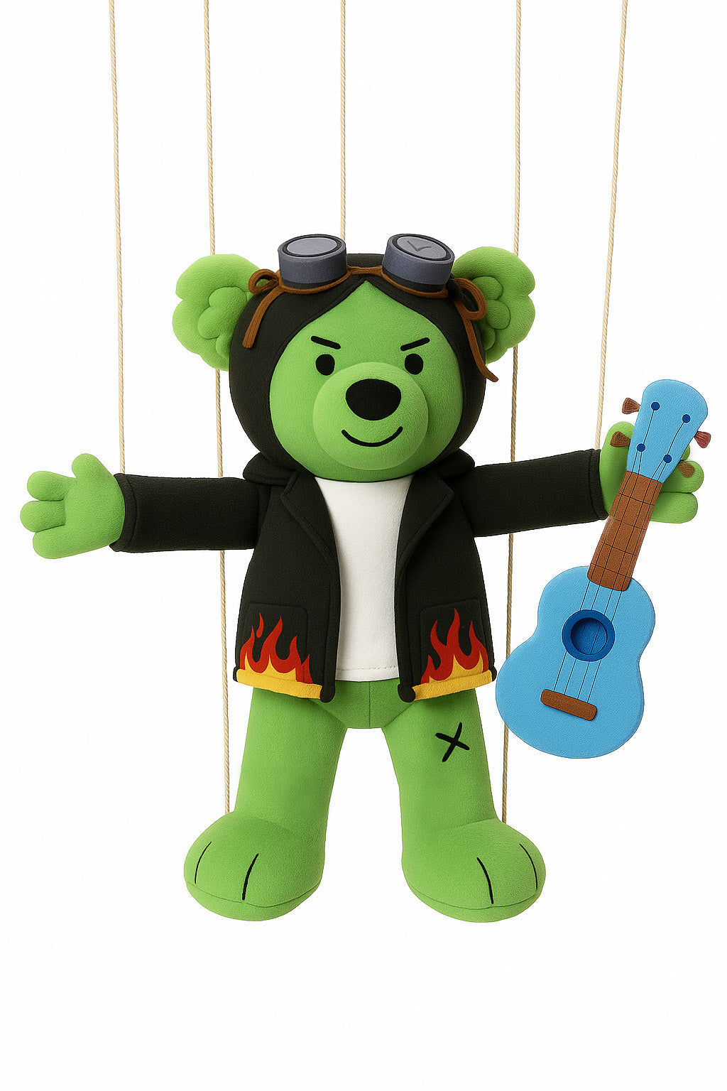 Green bear with black jacket holding blue guitar