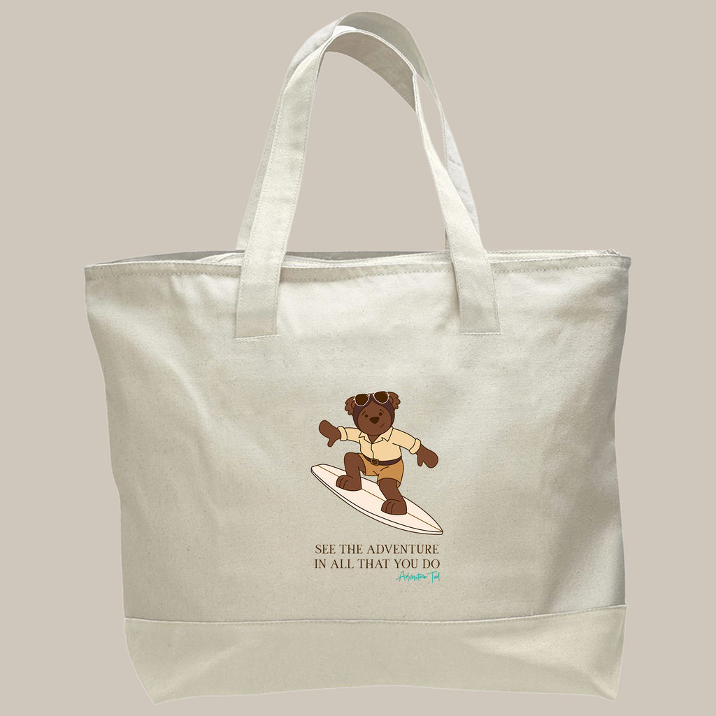 Beige tote bag with a bear on a surfboard design and text on a beige background
