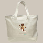 Beige tote bag with a bear on a surfboard design and text on a beige background
