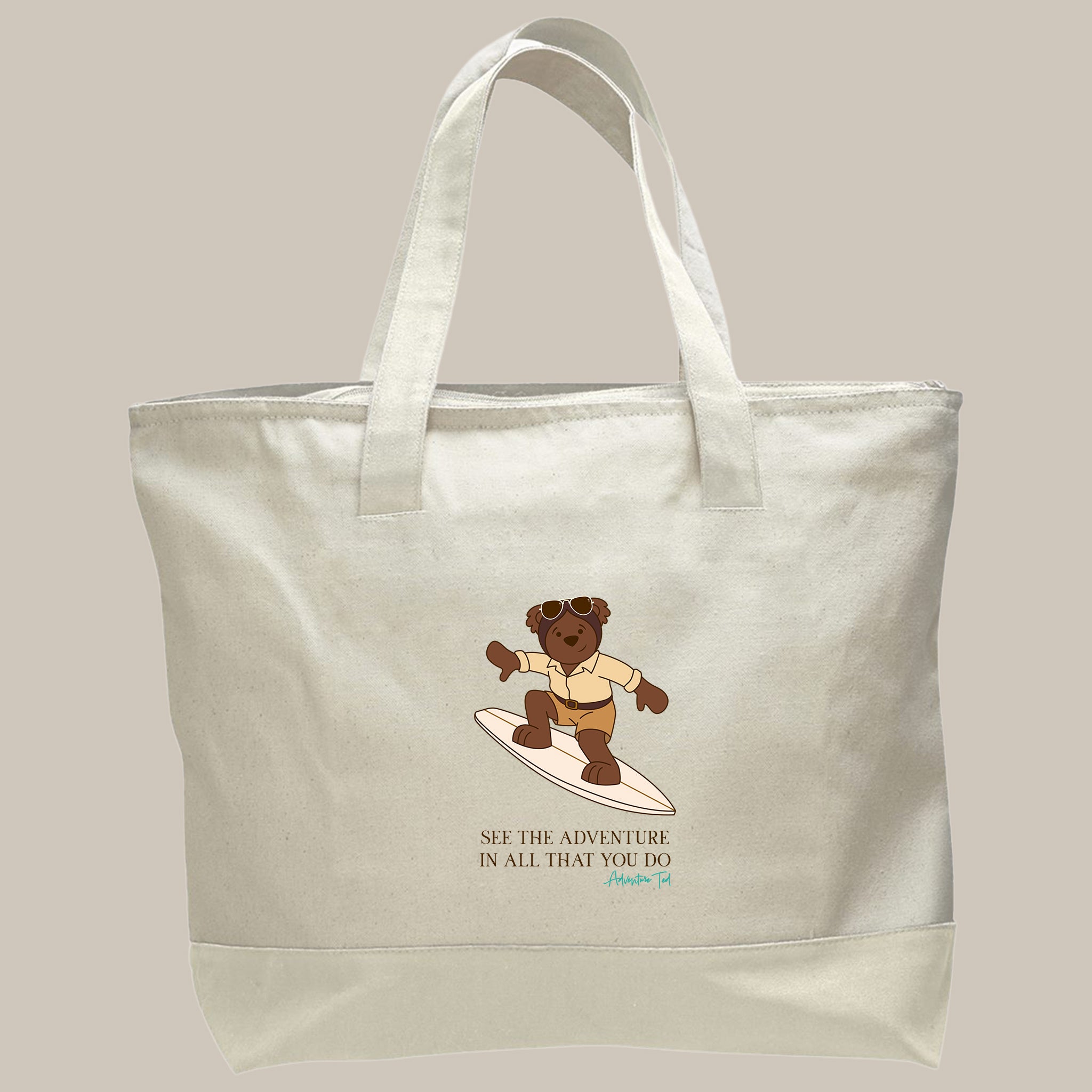 Beige tote bag with a bear on a surfboard design and text on a beige background