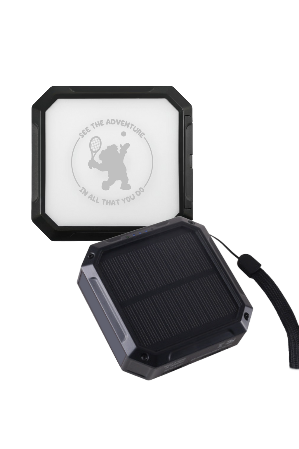 Black solar panel with a white label featuring a logo and text on a white background