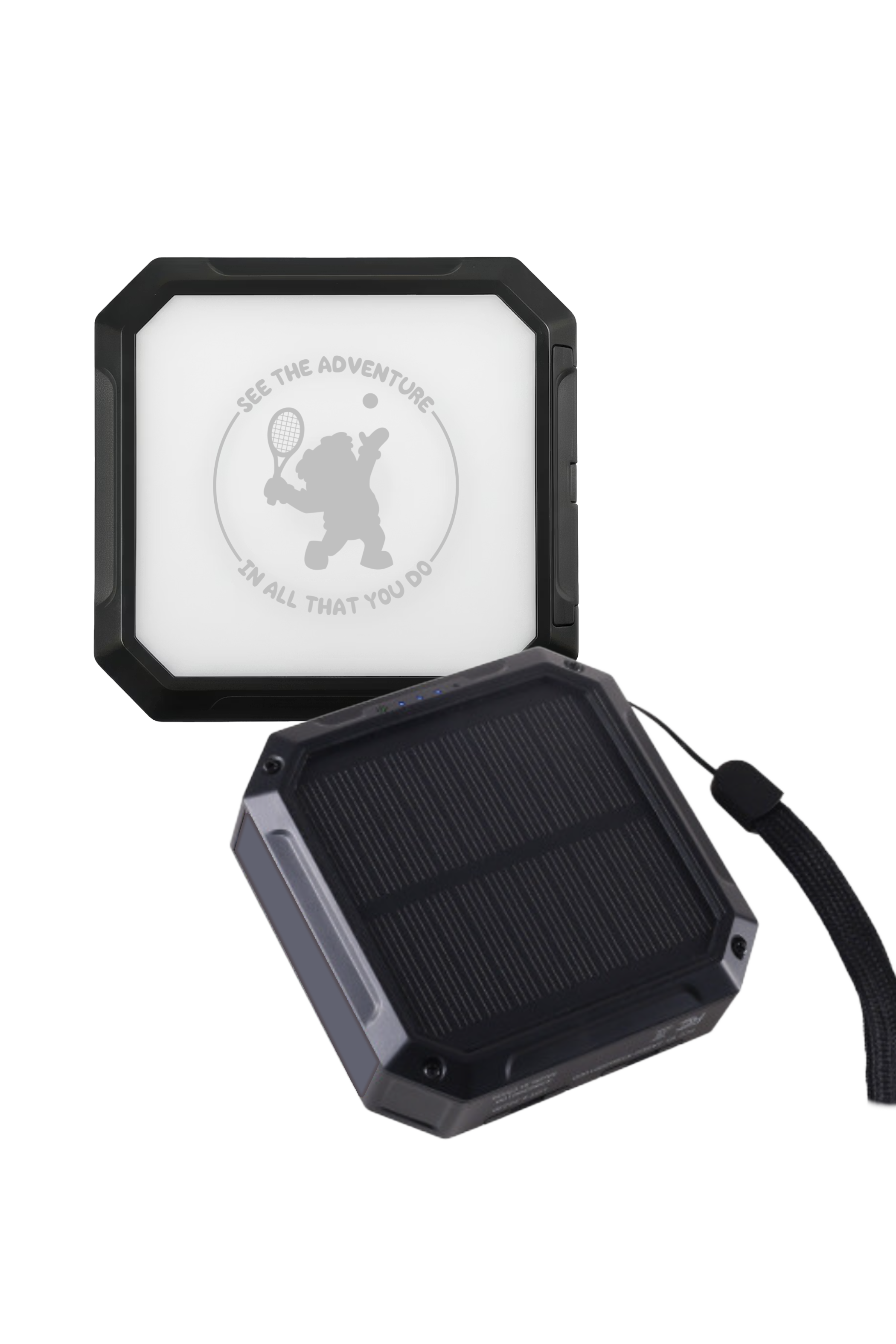 Black solar panel with a white label featuring a logo and text on a white background