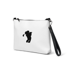 White clutch bag with black silhouette of a person holding a golf club on a white background