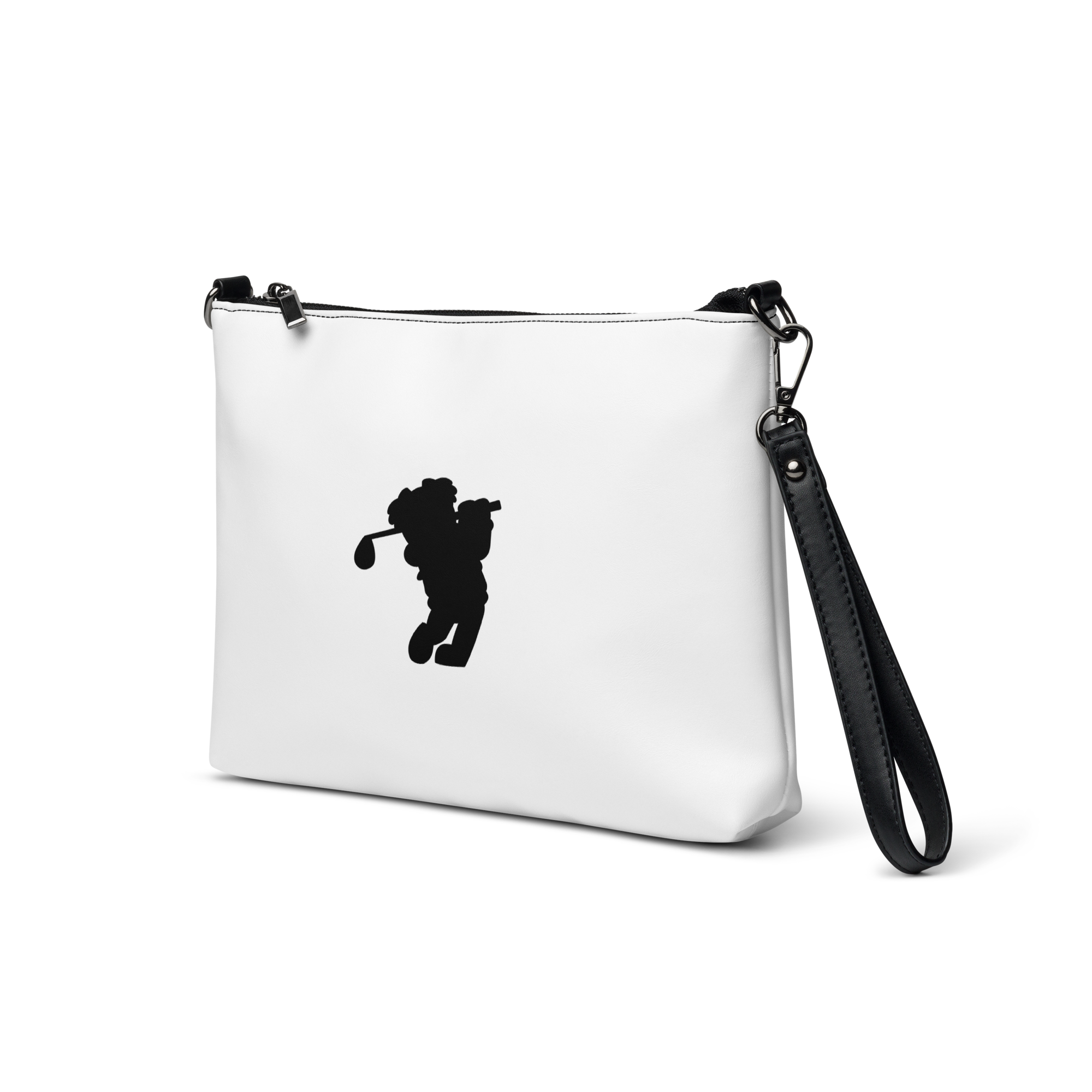 White clutch bag with black silhouette of a person holding a golf club on a white background