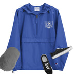 A royal blue packable jacket with embroidered 'C' logo on the left sleeve, a hood, front kangaroo pocket, and a zipped pouch pocket. It is displayed alongside a grey hat and black sneakers.
