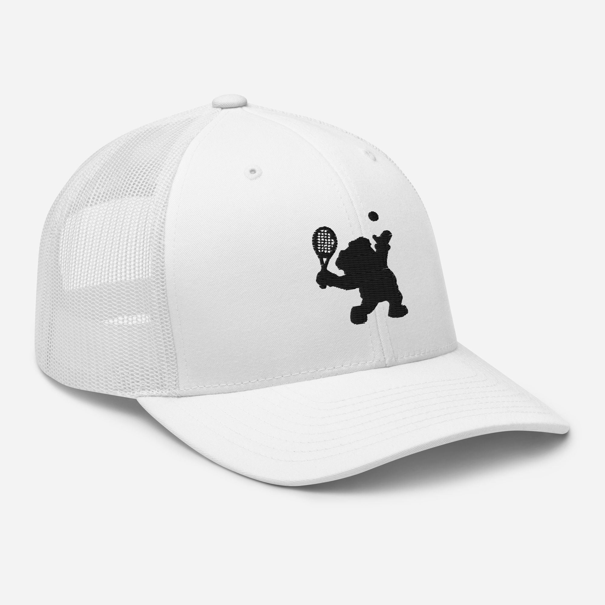 White cap with black bear silhouette holding a tennis racket and ball on a white background