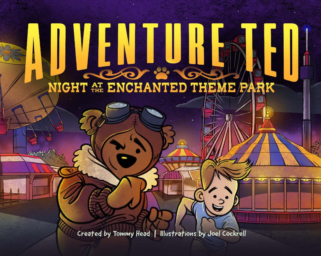 Illustration of adventure ted bear and side charcter. Title of book, Adventure ted Night at the Enchanted Theme Park